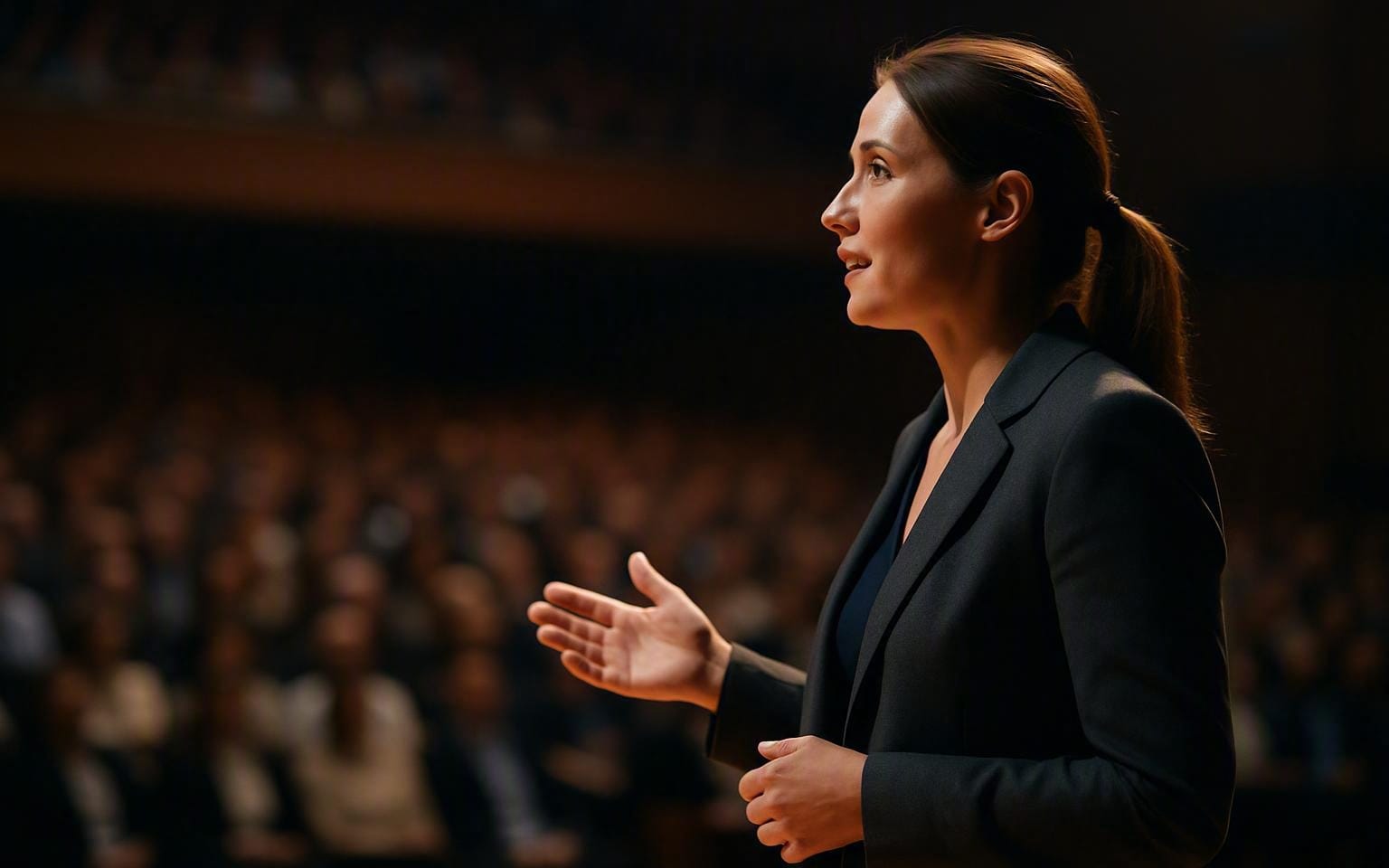 Speaker on stage in front of an audience